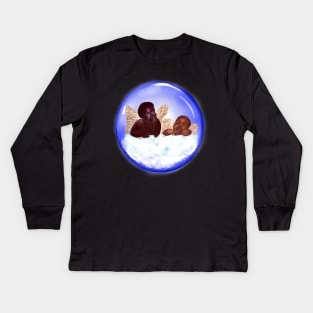 Cherubim in a heavenly space bubble- brown skin cherubs with curly Afro Hair and gold wings deep in thought on a cloud Kids Long Sleeve T-Shirt